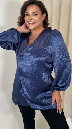 CurveWow Hammered Satin Wrap Blouse Navy