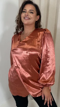 CurveWow Hammered Satin Wrap Blouse Rust