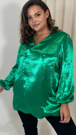 CurveWow Hammered Satin Wrap Blouse Green