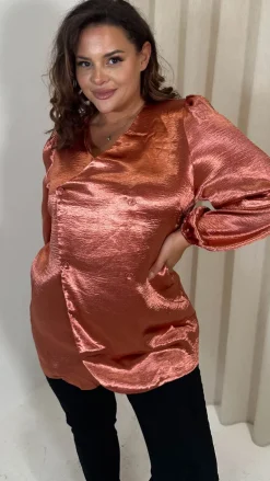 CurveWow Hammered Satin Wrap Blouse Rust