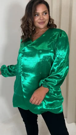 CurveWow Hammered Satin Wrap Blouse Green