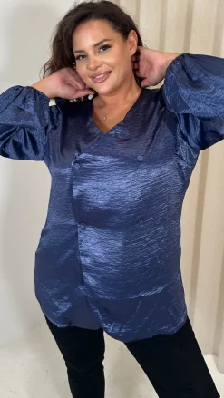 CurveWow Hammered Satin Wrap Blouse Navy
