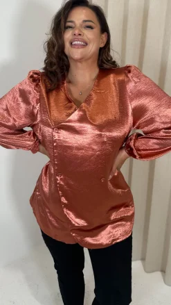 CurveWow Hammered Satin Wrap Blouse Rust