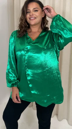 CurveWow Hammered Satin Wrap Blouse Green