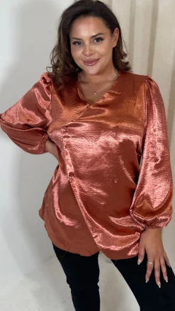 CurveWow Hammered Satin Wrap Blouse Rust