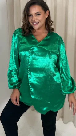 CurveWow Hammered Satin Wrap Blouse Green