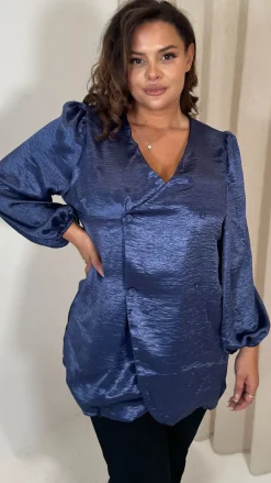 CurveWow Hammered Satin Wrap Blouse Navy