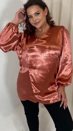 CurveWow Hammered Satin Wrap Blouse Rust