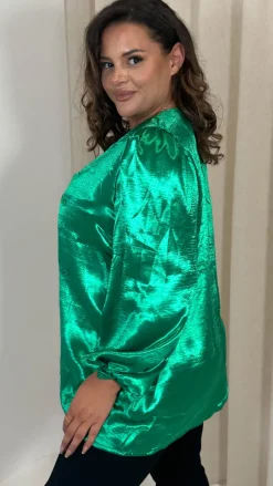CurveWow Hammered Satin Wrap Blouse Green