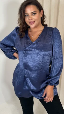 CurveWow Hammered Satin Wrap Blouse Navy