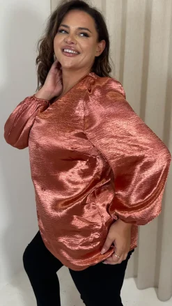 CurveWow Hammered Satin Wrap Blouse Rust