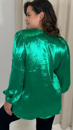 CurveWow Hammered Satin Wrap Blouse Green