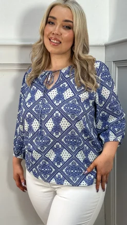 CurveWow Keyhole Tie Front Top Blue Paisley