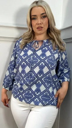 CurveWow Keyhole Tie Front Top Blue Paisley