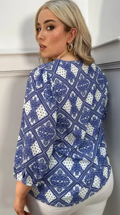 CurveWow Keyhole Tie Front Top Blue Paisley