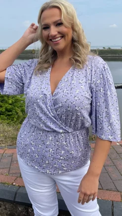 CurveWow Kimono Short Sleeve Top Lilac Floral