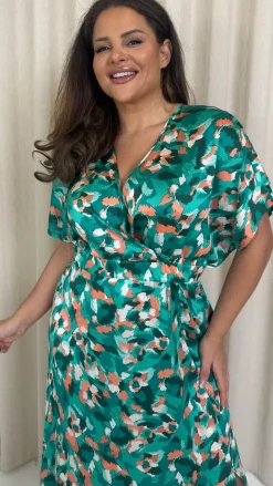 CurveWow Kimono Split Leg Maxi Dress Turquoise Animal