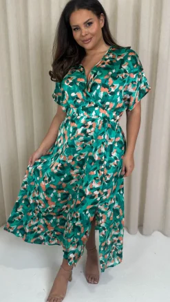 CurveWow Kimono Split Leg Maxi Dress Turquoise Animal