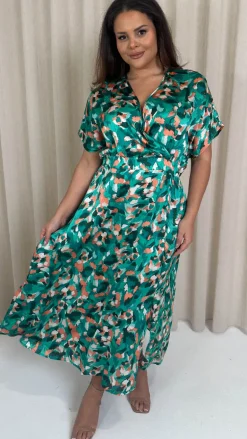 CurveWow Kimono Split Leg Maxi Dress Turquoise Animal