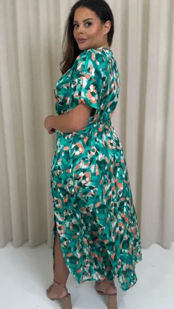 CurveWow Kimono Split Leg Maxi Dress Turquoise Animal