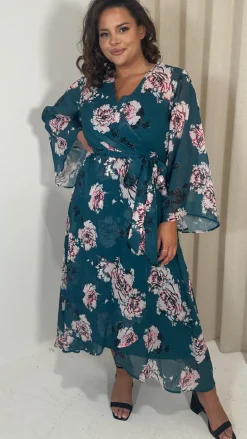 CurveWow Kimono Wrap Floral Maxi Dress Blue Floral