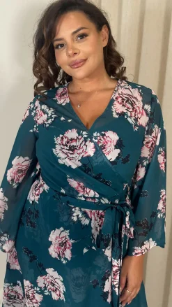 CurveWow Kimono Wrap Floral Maxi Dress Blue Floral