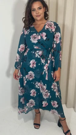 CurveWow Kimono Wrap Floral Maxi Dress Blue Floral