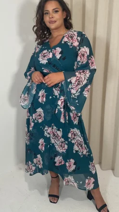 CurveWow Kimono Wrap Floral Maxi Dress Blue Floral