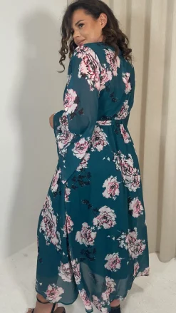 CurveWow Kimono Wrap Floral Maxi Dress Blue Floral