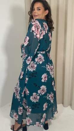CurveWow Kimono Wrap Floral Maxi Dress Blue Floral