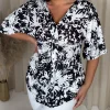 CurveWow Knot Front Drop Shoulder Tunic Top Mono Floral