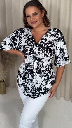 CurveWow Knot Front Drop Shoulder Tunic Top Mono Floral