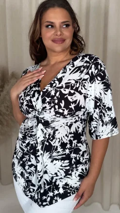 CurveWow Knot Front Drop Shoulder Tunic Top Mono Floral