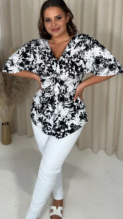 CurveWow Knot Front Drop Shoulder Tunic Top Mono Floral