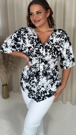 CurveWow Knot Front Drop Shoulder Tunic Top Mono Floral