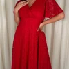 CurveWow Lace Angel Sleeve Dress Red