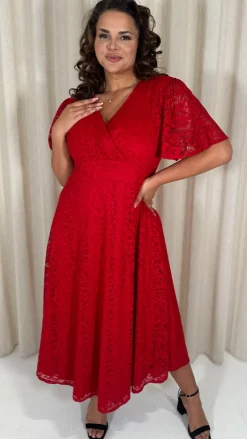 CurveWow Lace Angel Sleeve Dress Red