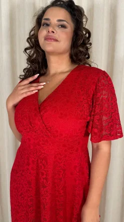 CurveWow Lace Angel Sleeve Dress Red