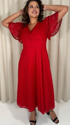 CurveWow Lace Angel Sleeve Dress Red