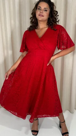 CurveWow Lace Angel Sleeve Dress Red
