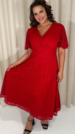 CurveWow Lace Angel Sleeve Dress Red