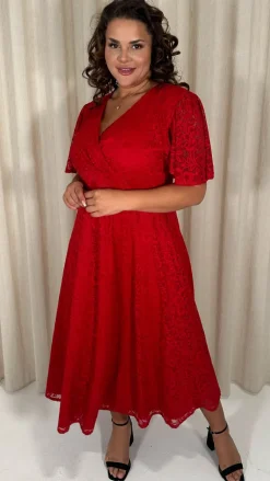 CurveWow Lace Angel Sleeve Dress Red