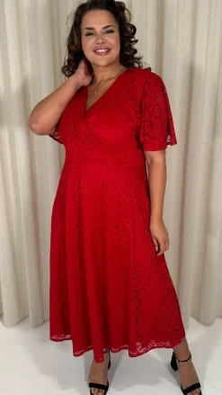 CurveWow Lace Angel Sleeve Dress Red