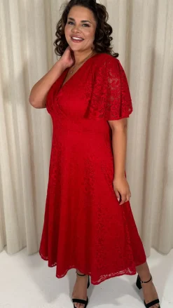 CurveWow Lace Angel Sleeve Dress Red