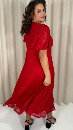 CurveWow Lace Angel Sleeve Dress Red