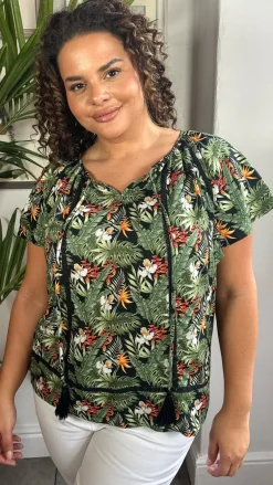 CurveWow Lace Insert Tassel Tie Top Black Tropical