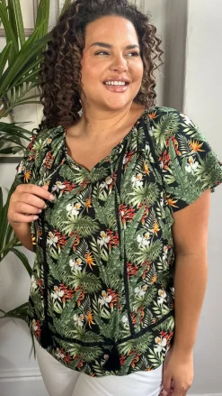 CurveWow Lace Insert Tassel Tie Top Black Tropical