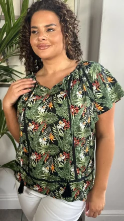 CurveWow Lace Insert Tassel Tie Top Black Tropical