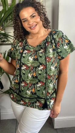 CurveWow Lace Insert Tassel Tie Top Black Tropical