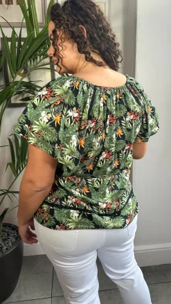 CurveWow Lace Insert Tassel Tie Top Black Tropical